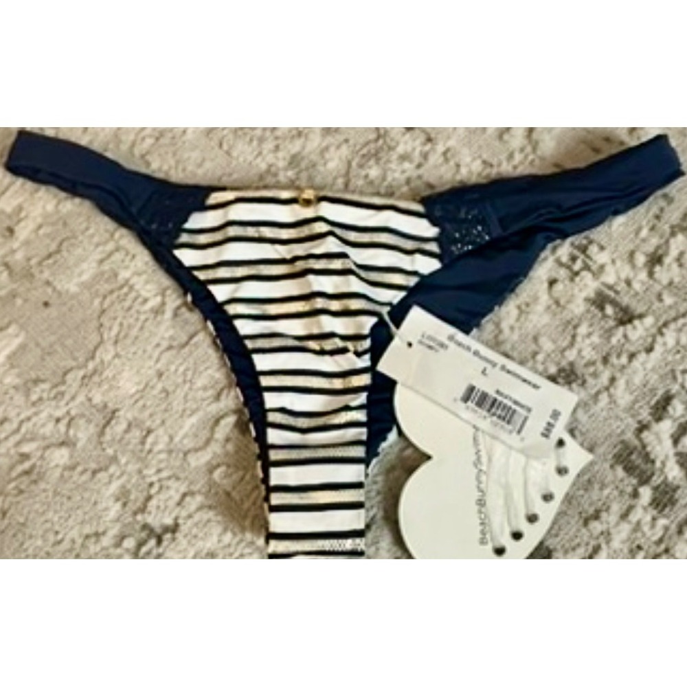 Beach Bunny Swimwear Bikini Bottoms Skimpy Navy White Gold Stripe L New w/ tags